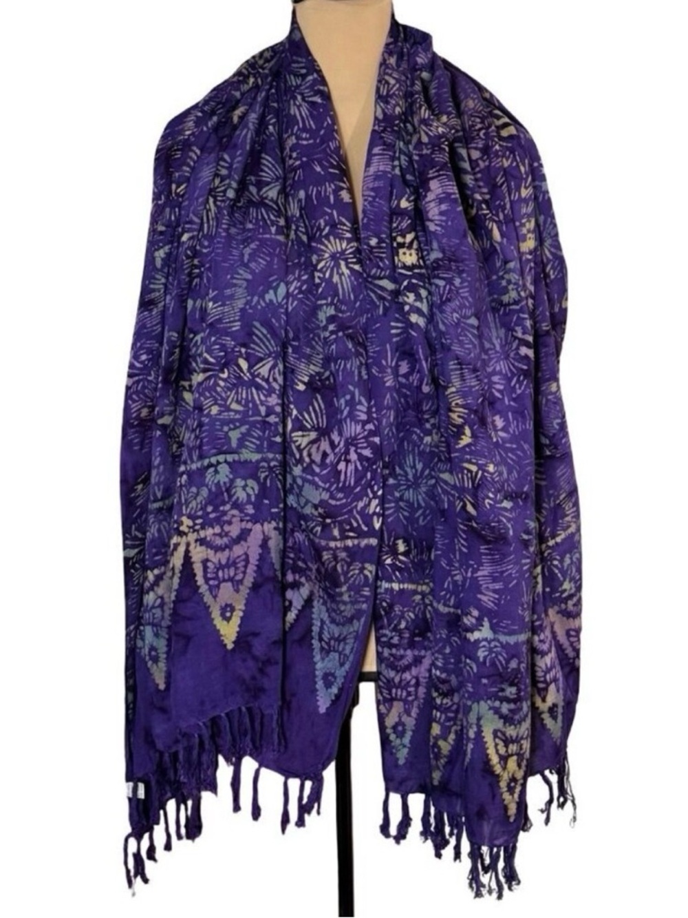 Large Printed Scarf  Purple Printed Fringe Wrap Pashmina Colorful 70” x 45”